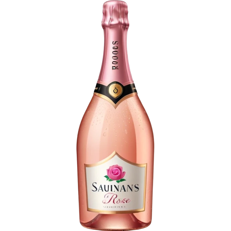 bottle of sparkling rosé champagne with a rose logo on the label, tilted up and to the right, no glass emoji