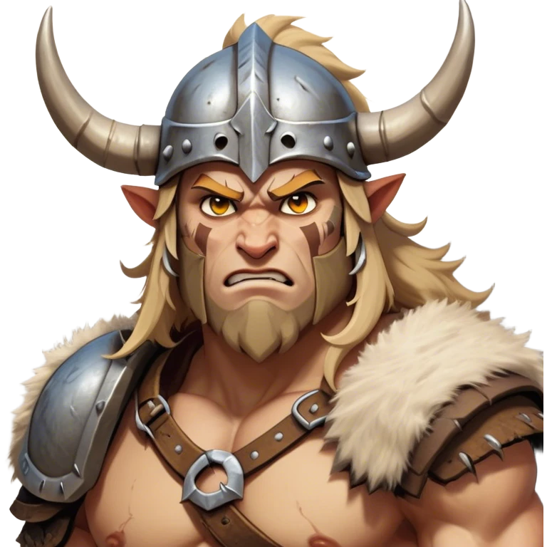 Cinematic Fierce Barbarian Portrait Emoji, Poised and bold with a rugged yet cartoonish build in tattered furs and a horned helmet, expressive bright eyes and a confident smirk, Simplified yet dynamic features, highly detailed, glowing with a vivid, adventurous aura, high shine, heroic and spirited, stylized with an air of medieval warrior charm, focused and energetic, soft glowing outline, capturing the essence of a fearless barbarian adventurer ready to lead his clan with spirited valor! emoji