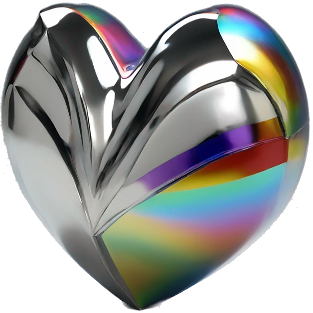 symbolic heart chrome sculpture symbolizing chromatic light with a geometric, faceted design. The heart is standing upright with angular and baroque features. The vibrant rainbow of colors highlights the sharp edges and planes.  emoji