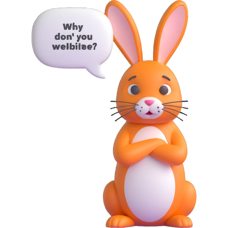 beautiful 3D rabbit with a sad expression, expressive and appealing, saying 'Why don't you come to my website and leave me a comment?' with text clearly visible emoji