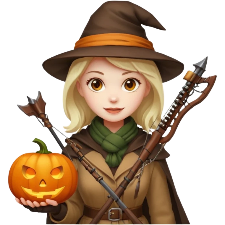 female human monster hunter emoji, wearing brown coat and hat, holding crossbow, soft smile, scarf, glowing pumpkin by her side, Halloween fantasy style, clean vector Apple emoji look, bright colors, white background, square emoji