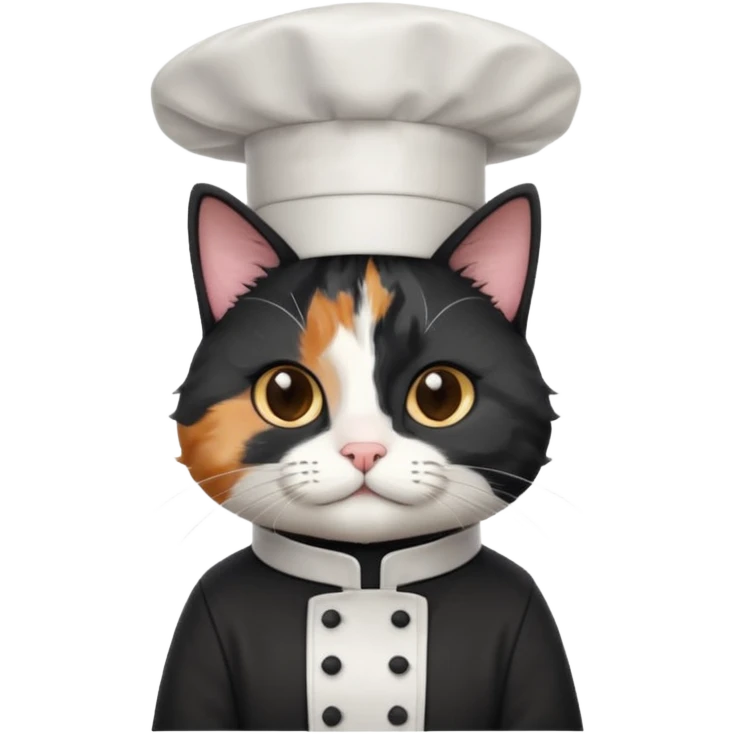 fluffy black chef cat wearing a tall white chef hat emoji