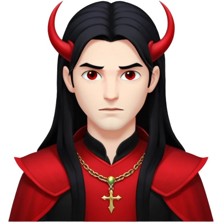 Lucifer, Prince of Darkness from Gods and Goddesses with long black hair, black and red outfit emoji