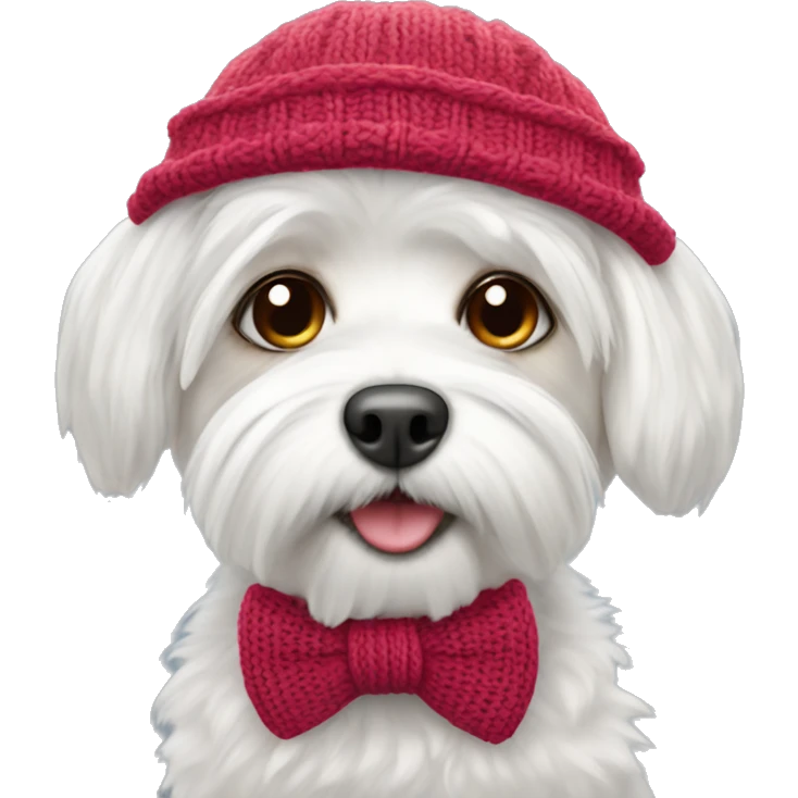 Maltese with bowtie and knitted winter hat emoji