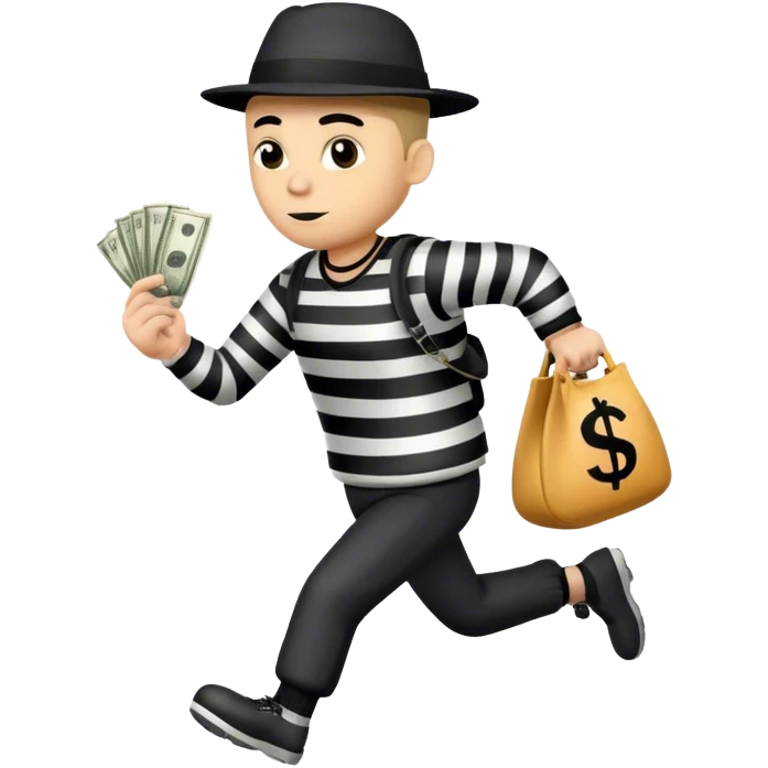 A robber in a striped outfit running facing to the right holding a money bag with a dollar written on it. He is wearing a black robbers hat and has black trousers on. emoji