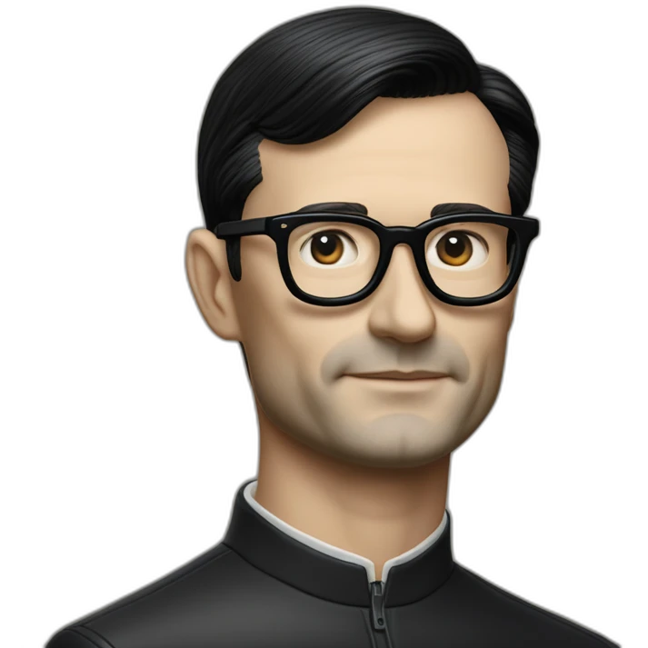 Hyper realistic Ralf Hutter from Kraftwerk, short straight black hair, black glasses, thin, riding open top black tesla model 3 emoji