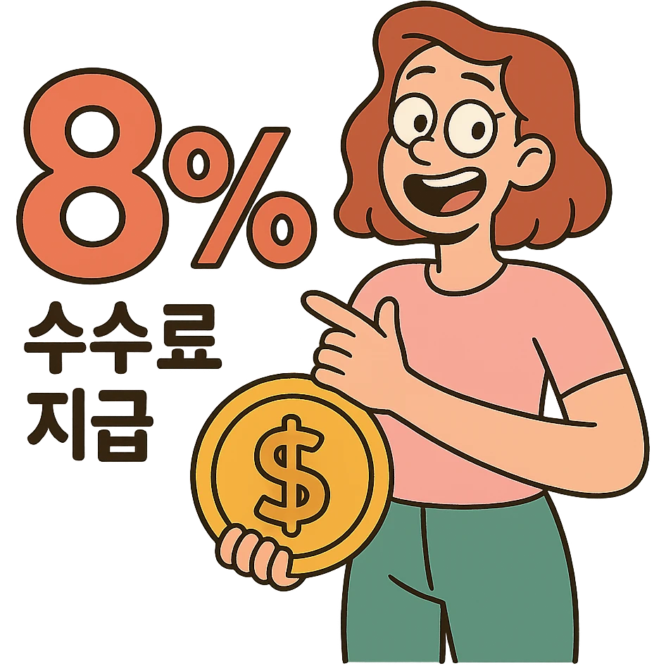 flat style, bold colors, large 8% and coin, simple, 8% 수수료 지급 emoji