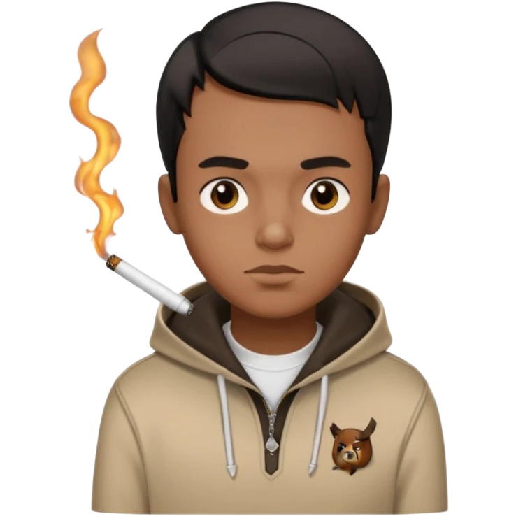 Brown boy with neat black combover hairstyle smoking and wearing Burberry polo hoodie emoji