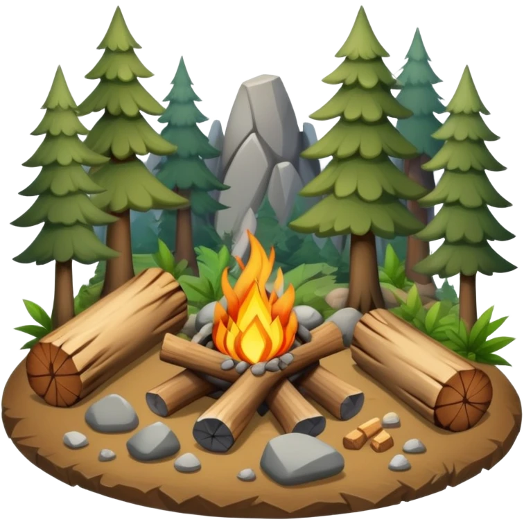 bushcraft campfire with stones, logs for sitting, in forest setting emoji