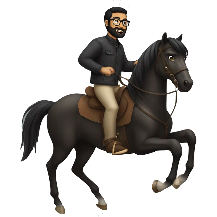 a black haired guy who has a beard and glasses riding a horse  emoji