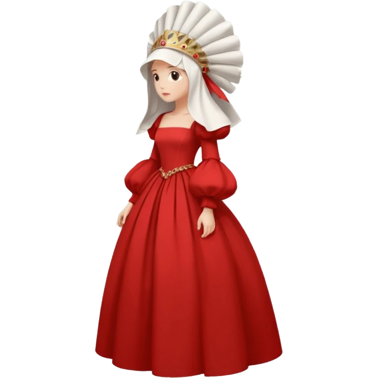 mujer de perfil con un vestido rojo de manga y falsas largas y voluptosas, y una toca blanca GRANDE que cubre su cara de perfil emoji