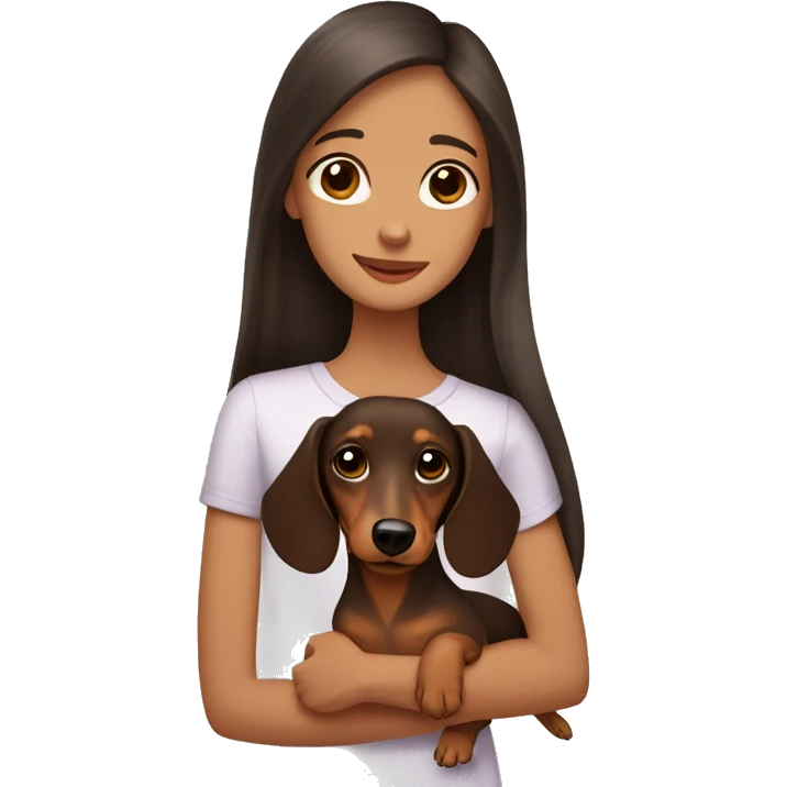 A brown dachshund in the arms of a girl with dark long hair and brown eyes emoji