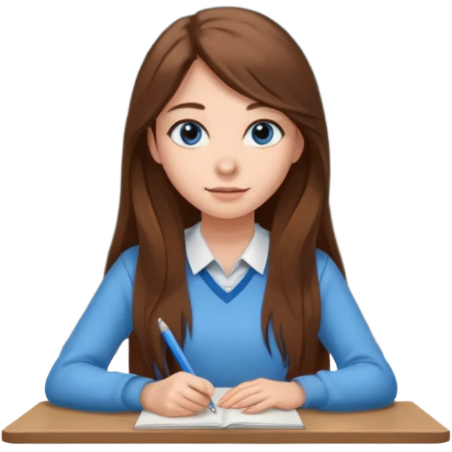 high school class room with a pretty female high school student with long brown hair, blue eyes sitting in front of the blackboard emoji