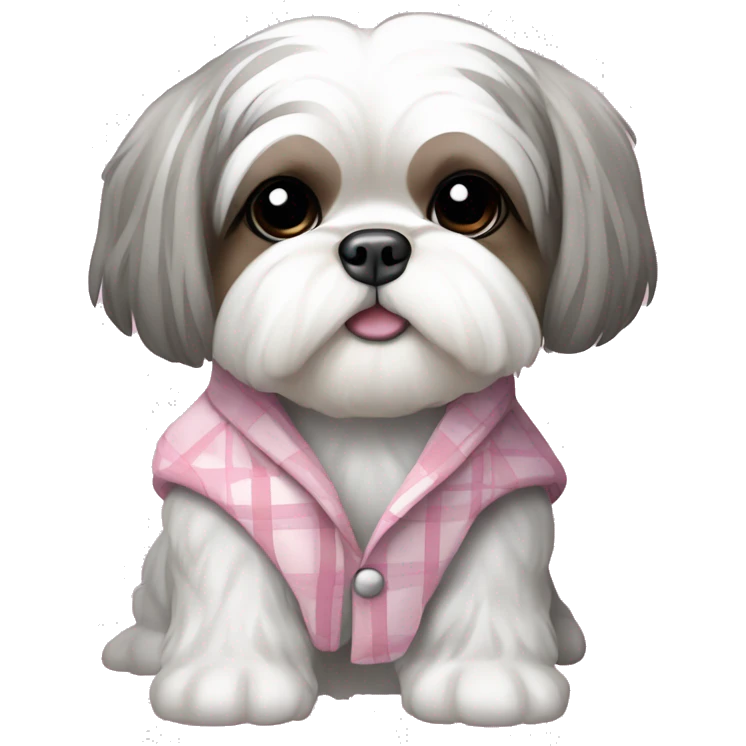 White and gray shaved shih tzu wearing a baby pink plaid coat emoji