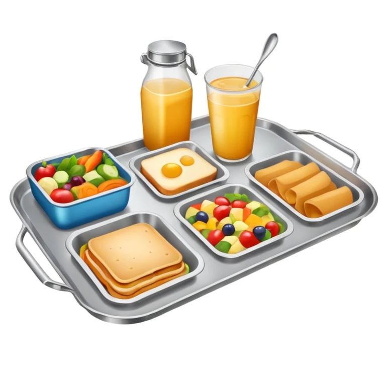 multicolored meal tray on canteen table, joyful atmosphere emoji