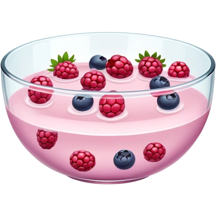 A clear glass bowl filled with milky light pink liquid with chunks of various berries floating in it emoji