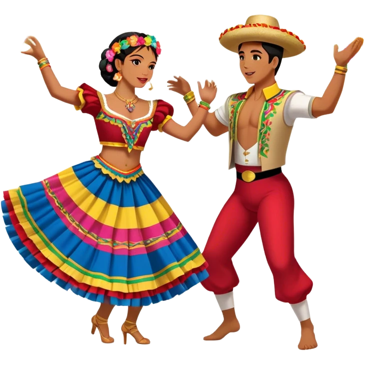 Cinematic Realistic scene of two dancers performing Cumbia, adorned in colorful traditional Colombian costumes with intricate details, captured in rhythmic motion with lively, festive lighting emoji