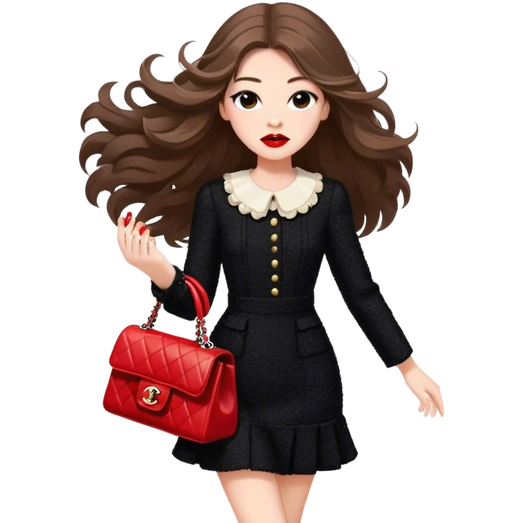 White girl with brown long hair dressed up in black chanel tweed dress carrying a red chanel bag and wearing red lipstick. Close up shot with wind blowing her hair looking fancy emoji