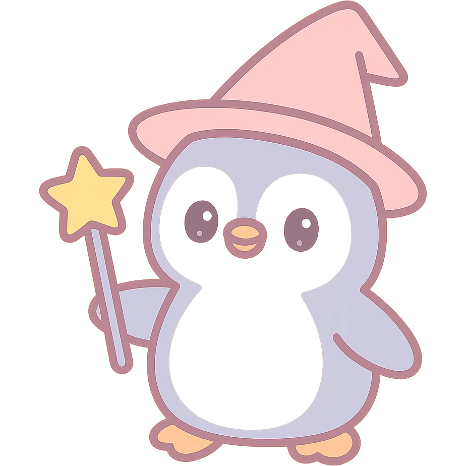a penguin dressed as a wizard, with a pointed hat and a magic staff, in a fun and whimsical style emoji