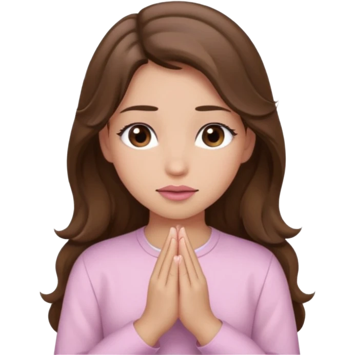 girl with wavy long brown hair, brown eyes, light to medium complexion, long lashes, light pink lipstick, praying, wearing light pink shirt emoji