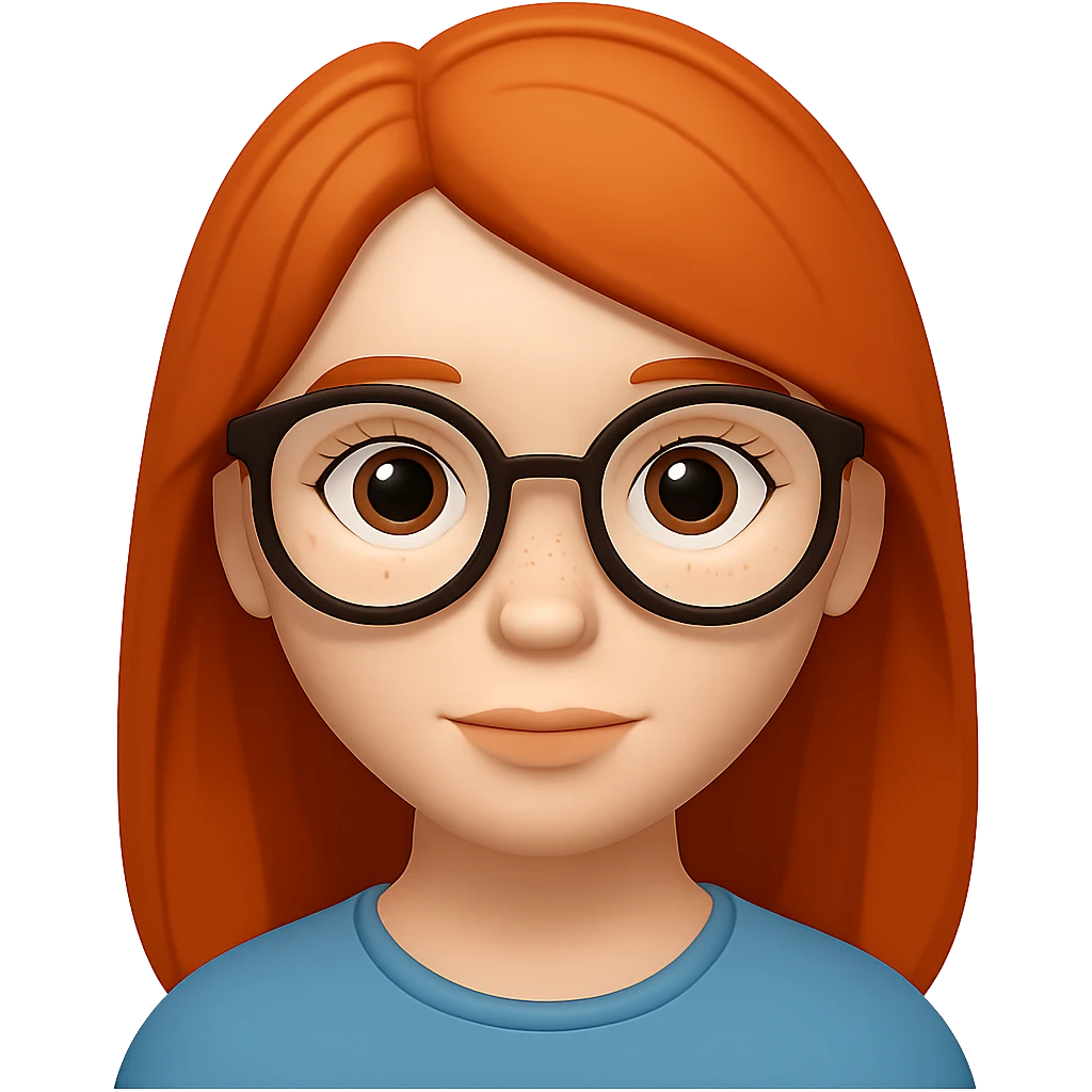 Add glasses to the freckled woman with straight hair in emoji style. Remove the background. emoji