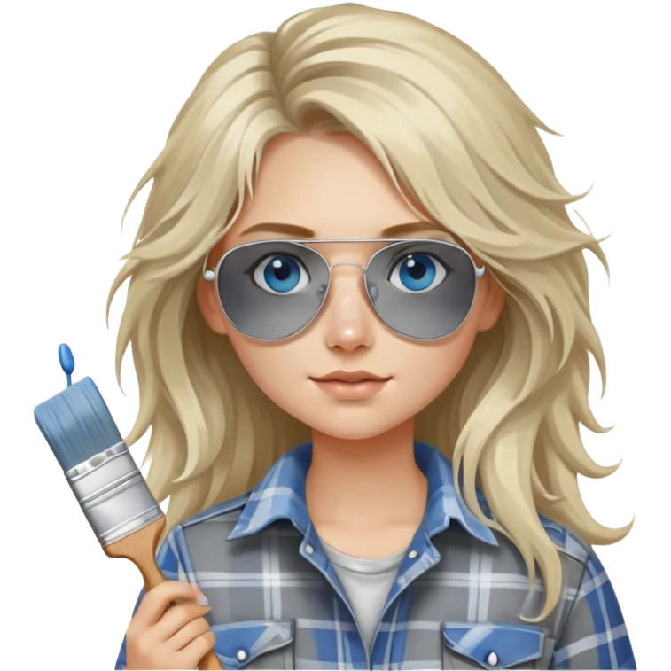 girl with long blond messy hair, "white paint on her face" wearing grey plaid shirt with blue eyes and aviator sunglasses wearing a ring on her silver necklace, holding a paint brush roller emoji