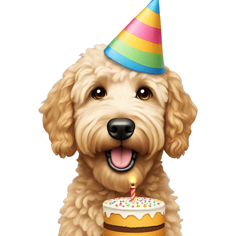 Golden doodle with birthday hat eating birthday cake  emoji
