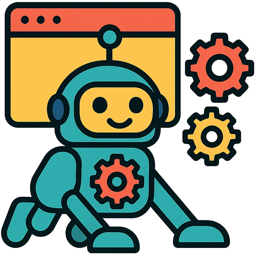 stylized robot with gears and browser window, crawling pose, modern flat icon style SEO robot crawler icon emoji