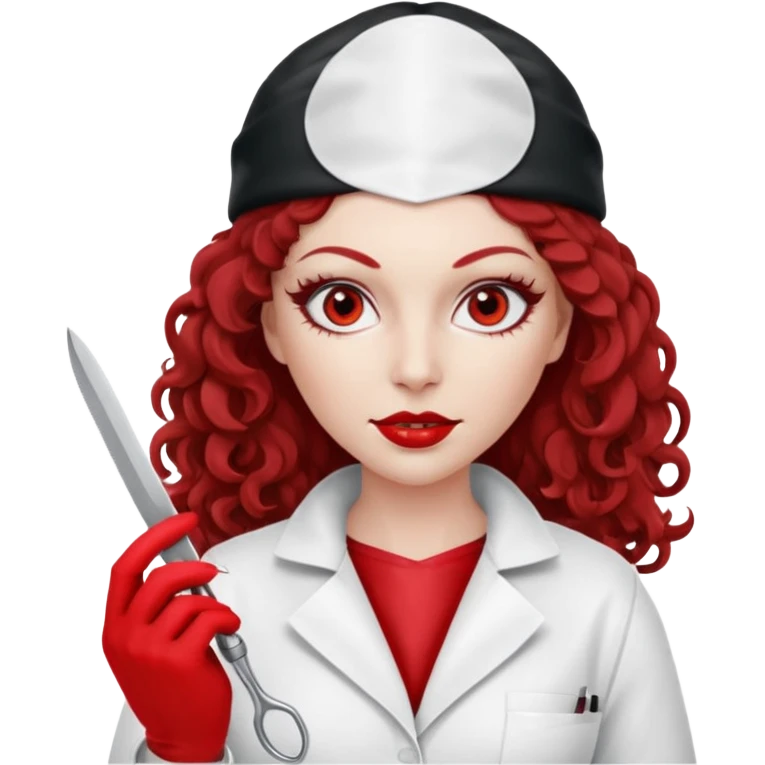 


Scary woman scalpel in hand, evil surgeon sexy surgeon clothes.  She has redcolored  eyes. Her  hair only is free ne brown long curly hair. Wears sexy doctor outfit with red gloves. make her wear red ski mask  to hide. Wears white surgeon coat, wears  stilettos emoji