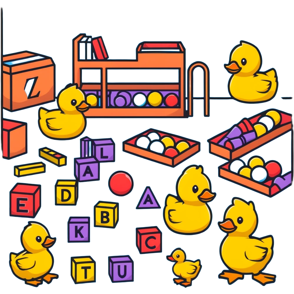 playroom floor with scattered toys - plush teddy, rubber duck, alphabet blocks, bouncy ball, action figures emoji