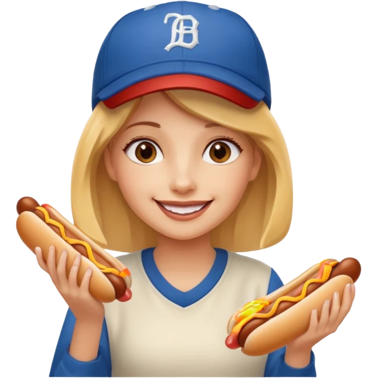 A girl holding two hot dogs, smiling proudly before eating.






















 emoji