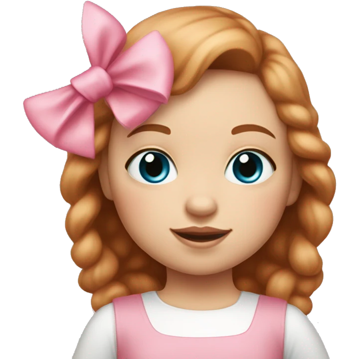 Little Girl with White skin, blue eyes. Light brown and red hair with pink bows.  She is wearing a pink and White dress, standing and holding on to a teddybear with a pink bows. emoji