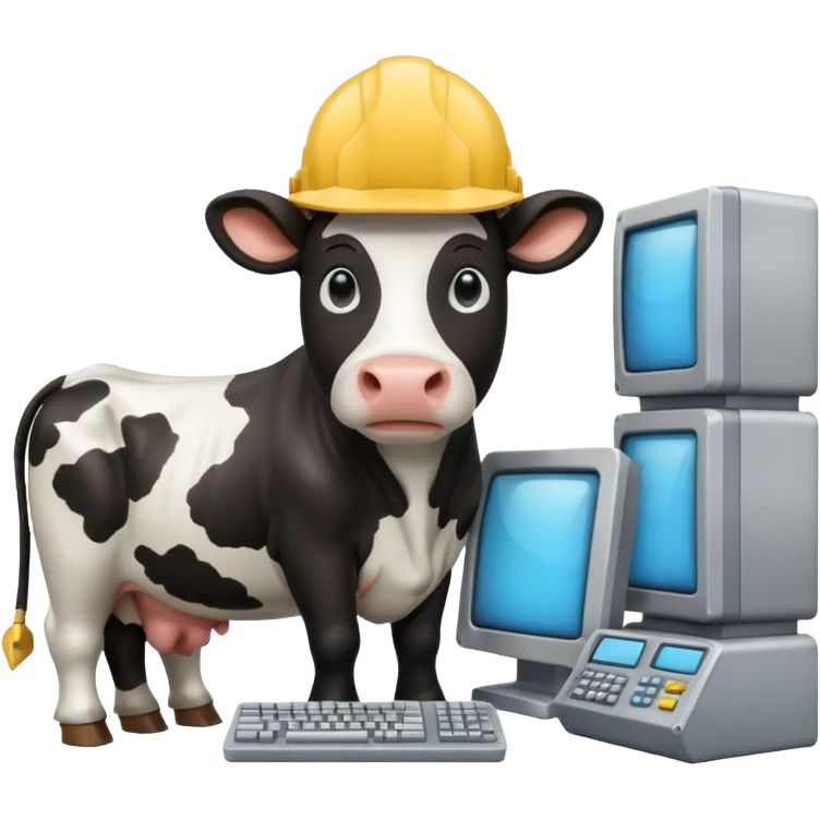cow with a hard hat looking at several mainframe computers emoji