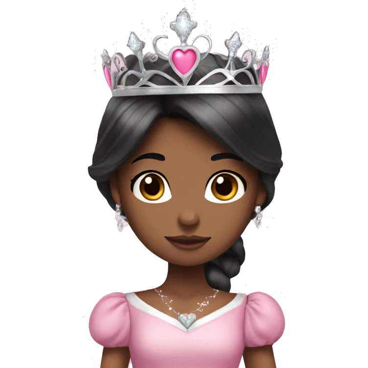 Princess girl long black hair with bang with silver pink heart tiara and pink dress emoji