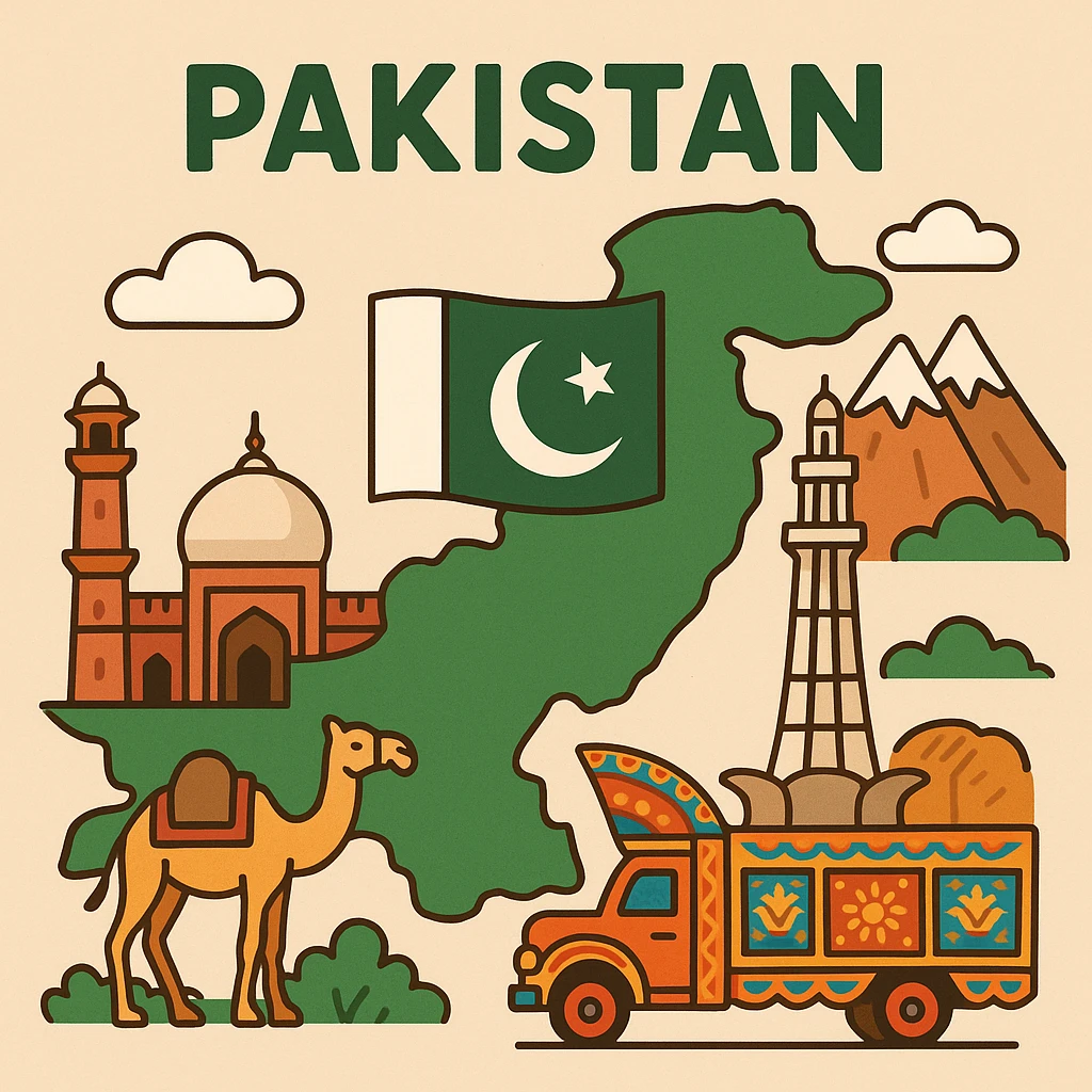 flat toon style illustration of Pakistan with flag and cultural motifs emoji