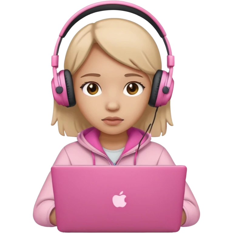 a girl with a pink laptop with headphones, color outline icon style, looking sad emoji