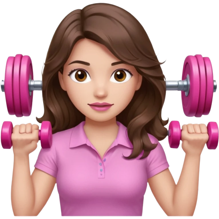 girl with wavy long brown hair, brown eyes, light to medium complexion, long lashes, light pink lipstick, wearing light pink shirt, lifting a pink dumbell weight emoji