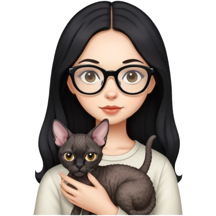 A girl with long black hair and glasses holding a Devon Rex emoji