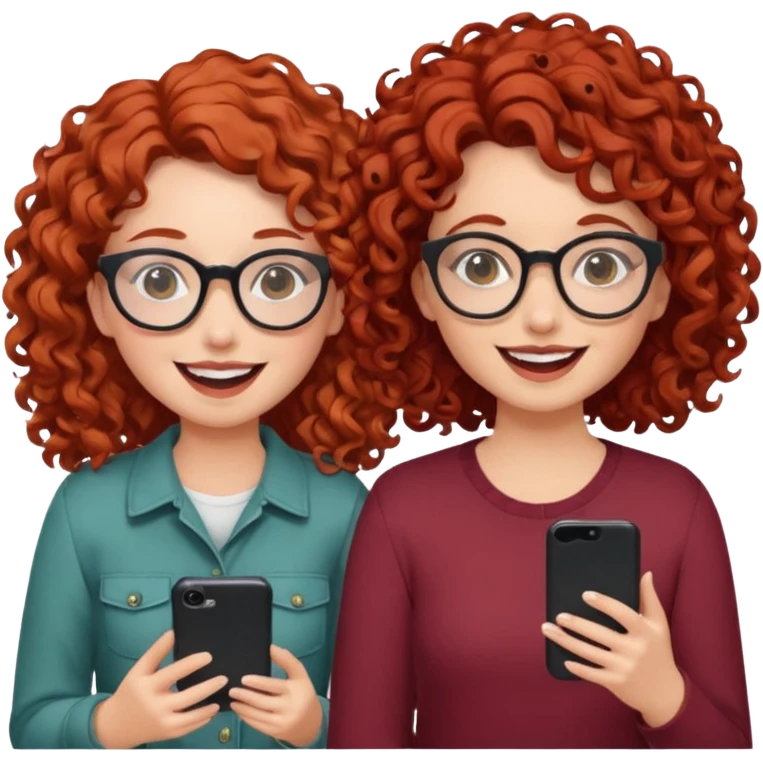 two girls. both white, one with curly red hair and glasses. one with curly brown hair. both giggling while doing a podcast emoji