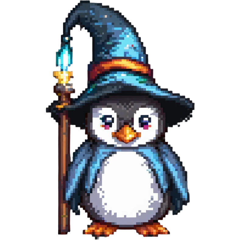 A penguin wizard with a long beard and pointed hat emoji