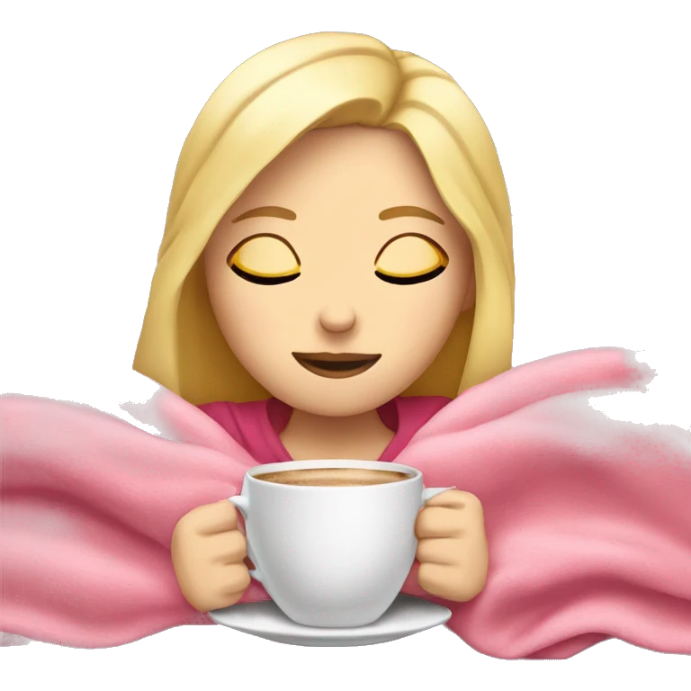 White Girl with blonde hair sipping coffee with eyes closed and pink blanket around head laying down on couch  emoji