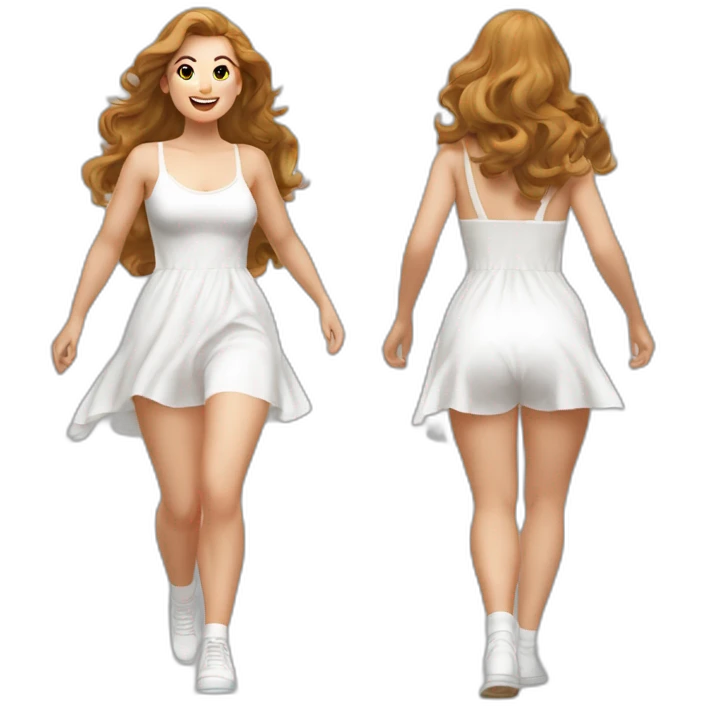 realistic full body caucasian curvy beauty jumping short dress back and front views strong wind white knickers long white socks emoji