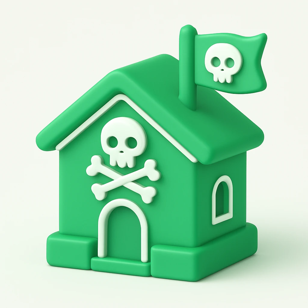 old pirate's house with skull flag emoji