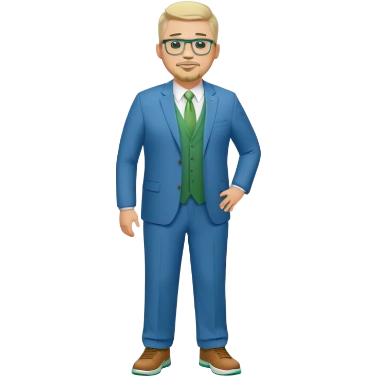 Full Body white male plus size wearing glasses with a goatee with light blonde and gray very short hair happy basketball head Coach in blue and green suit emoji