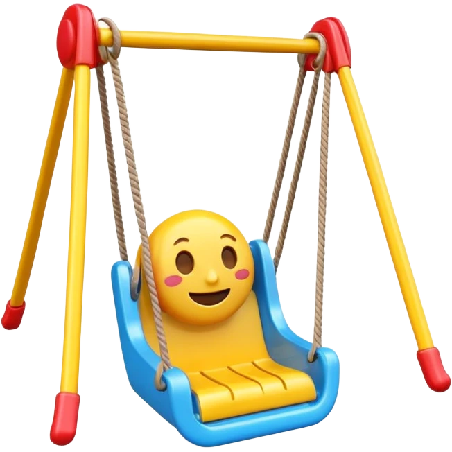 iOS-style 3D emoji: a colorful plastic swing with a safety bar in front, hanging from two ropes, glossy surface and soft shadows emoji
