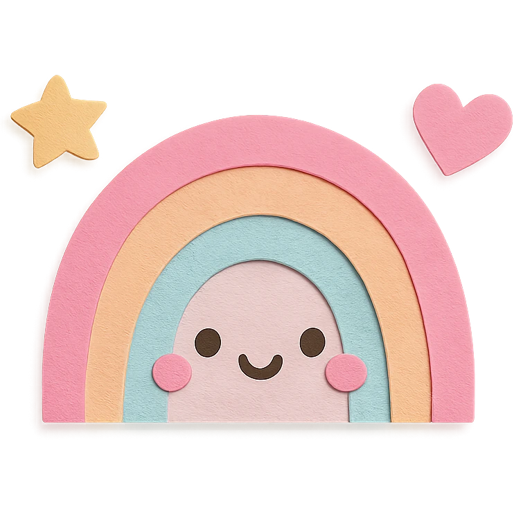 kawaii tiny rainbow with floating star and heart around, no arms, no legs, transparent background, full body, soft pastel kawaii paper craft style emoji