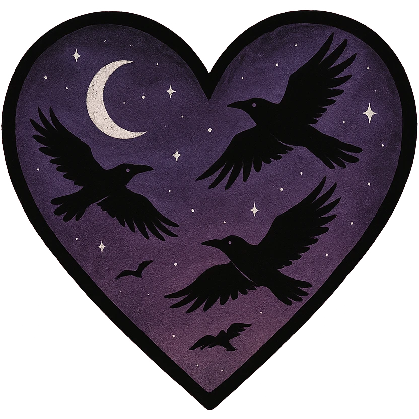 emo heart with night sky and dark ravens, remove background, pink emoji