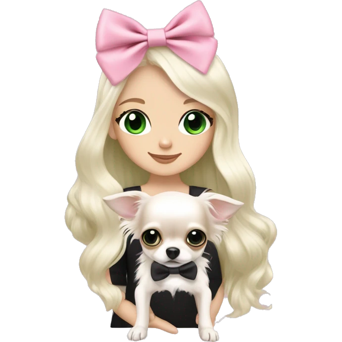 pale blonde girl with long platinum white wavy hair with bright green eyes and wearing a light pink hair bow holding a black and white long haired chihuahua puppy also wearing a hair bow emoji