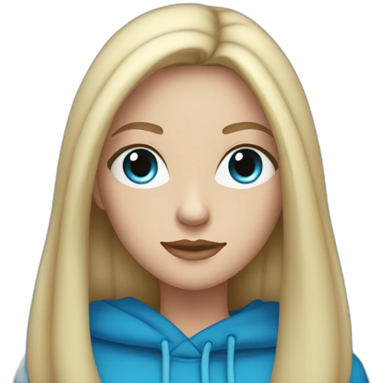 White woman with long black straight hair and blue eyes with long eyelashes and blue hoodie emoji