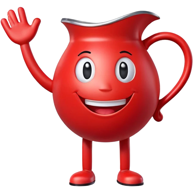 A red pitcher-shaped character with a smiley face, arms and legs, looking excited and happy, saying Oh Yeah! emoji